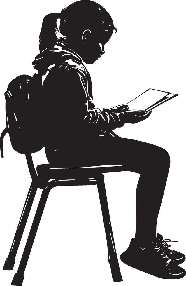 Test Completed A black silhouette of a child sitting back, feeling satisfied after finishing a test. vector