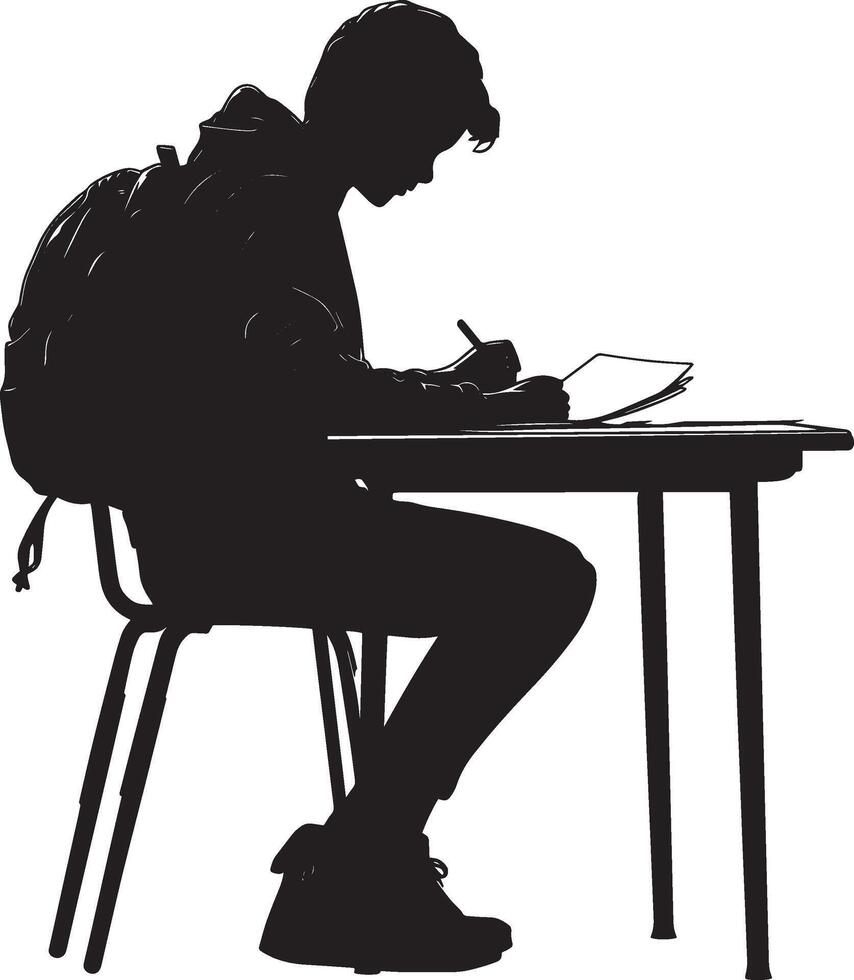 Taking Notes A student writing in a notebook or on a piece of paper, with a schoolbag beside them on the desk. full length silhouette black illustration vector