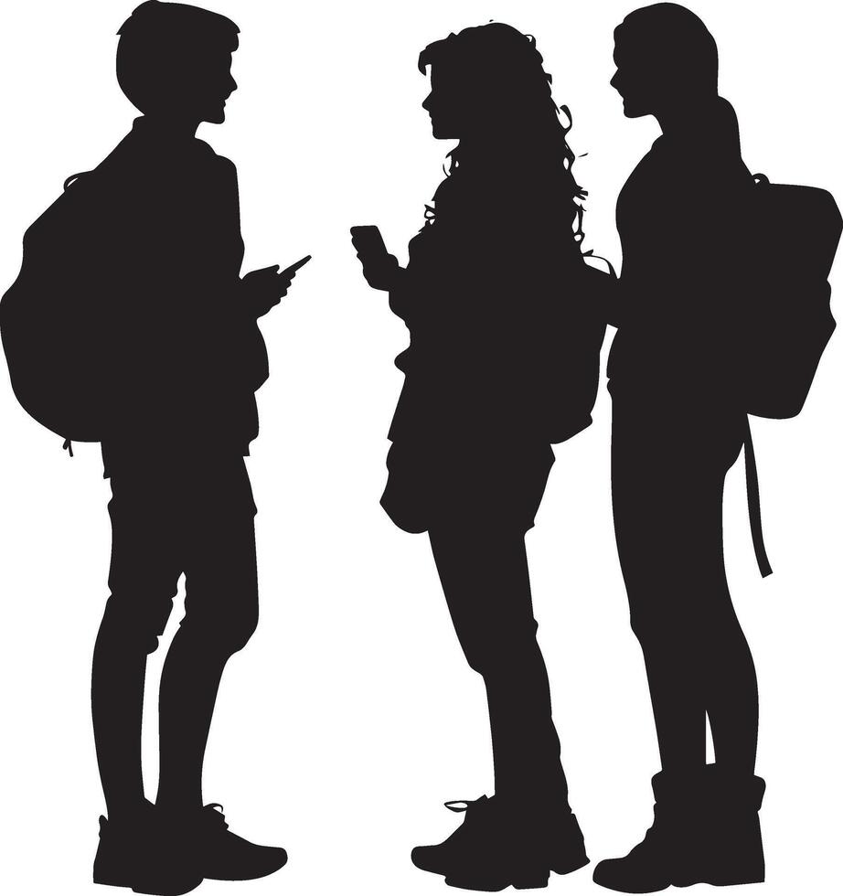 Casual Conversation A full-length black of a student talking with friends, schoolbag resting beside them. vector