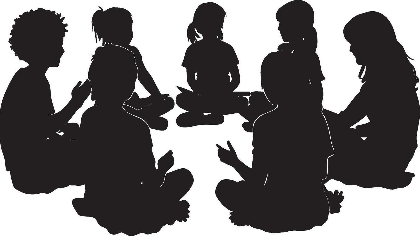 Group Activity A full-length black of children engaged in a discussion or project in a circle. vector