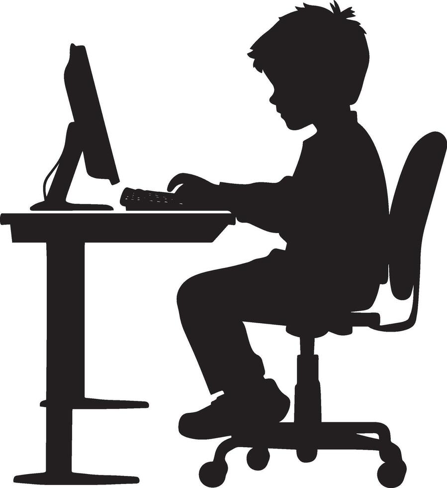 Tech Engagement A full-length black of a child interacting with a computer at a desk. vector