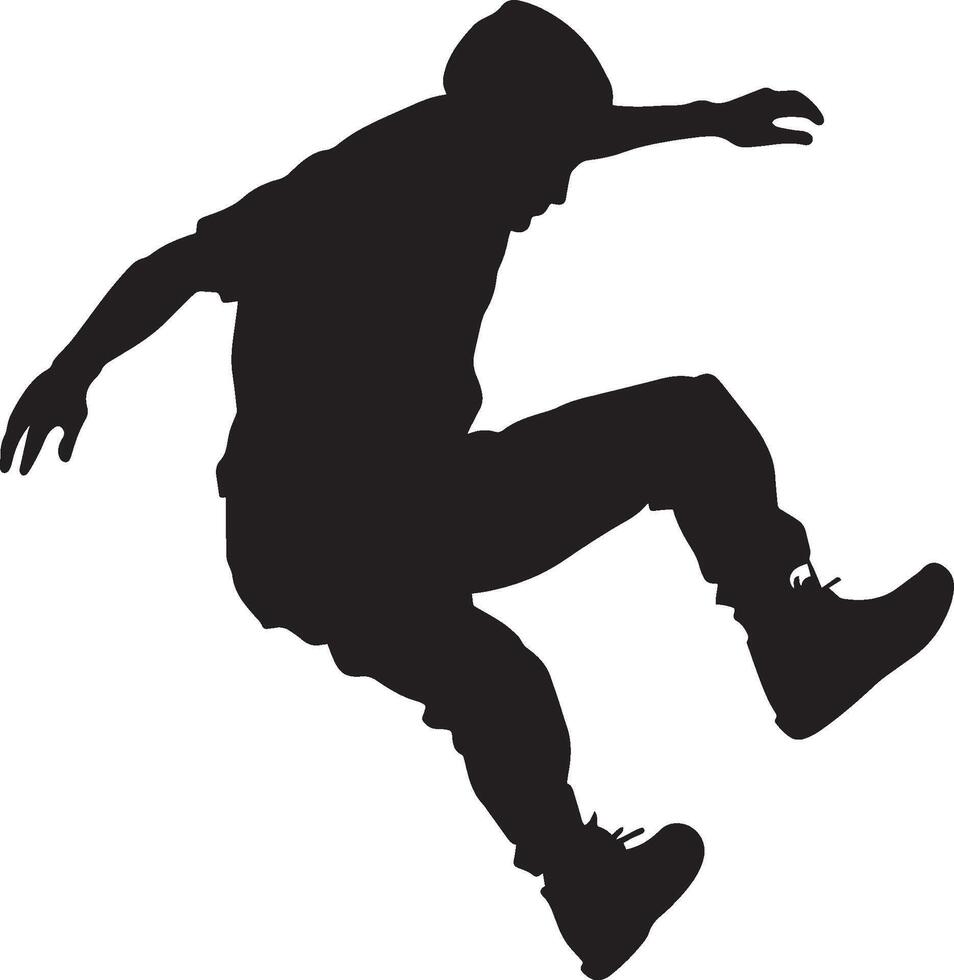 Parkour A person performing acrobatic movements like flips, jumps, and rolls, navigating urban obstacles. full length silhouette black illustration vector