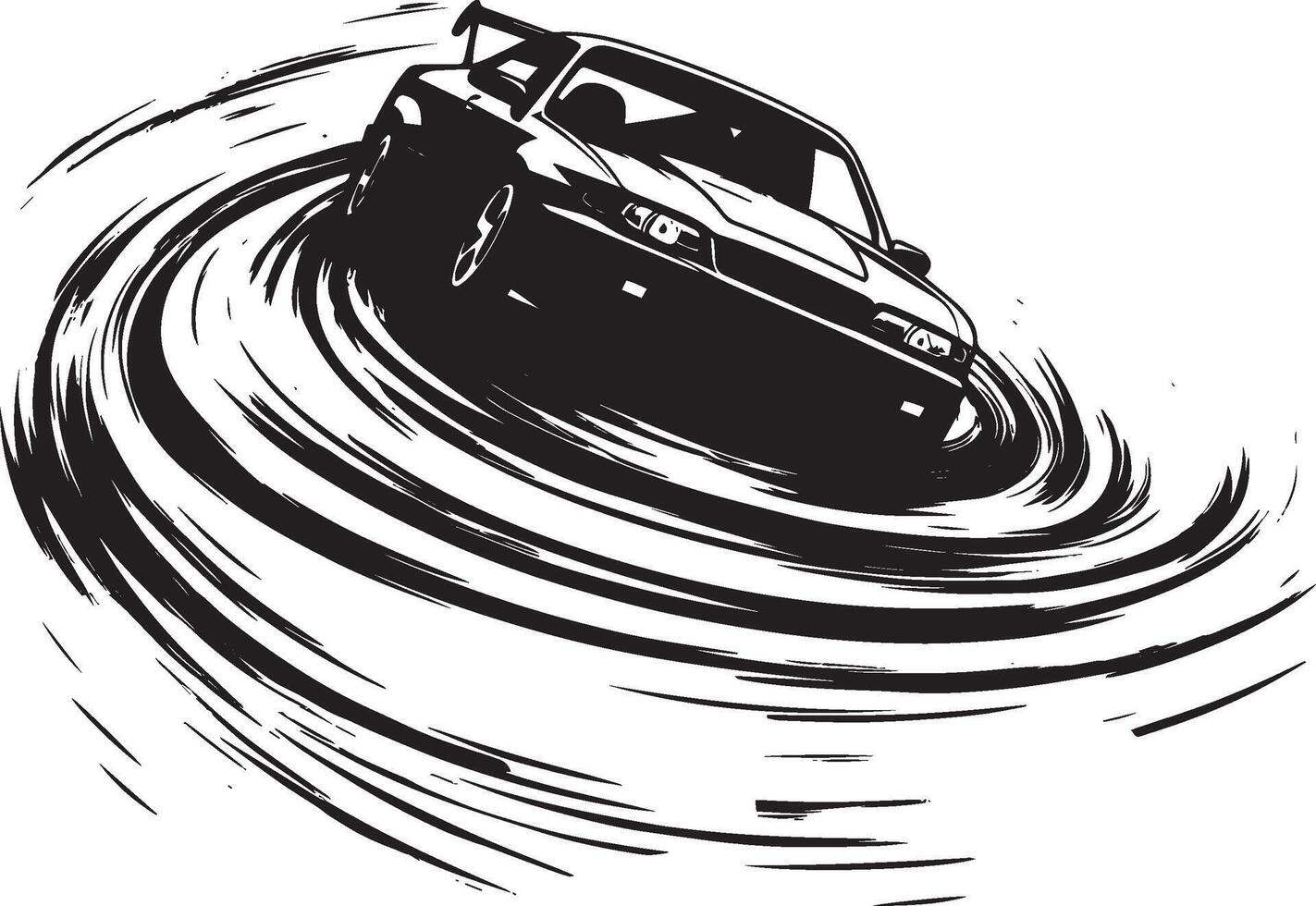 Drifting A person controlling a car at high speed, sliding sideways around a bend on a race track. full length silhouette black illustration vector