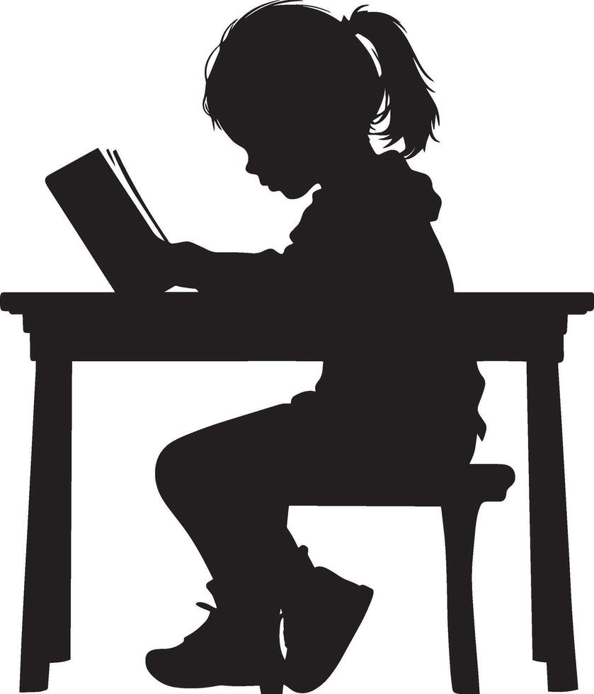 Focused Reading A black silhouette of a child sitting at a desk, engrossed in a book. vector