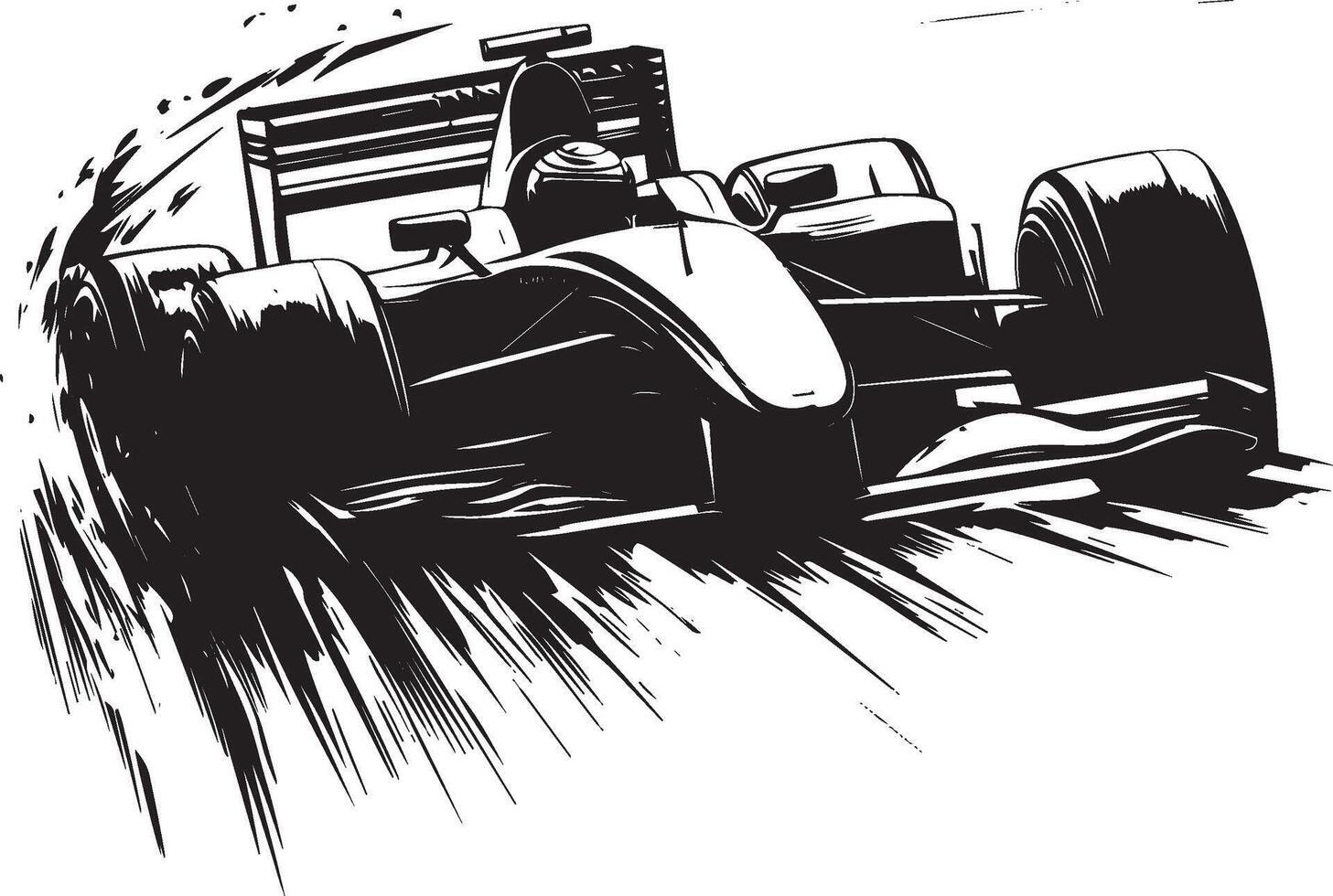 Formula 1 Racing A person driving a race car at extreme speeds, navigating tight corners on a race track. full length silhouette black illustration vector