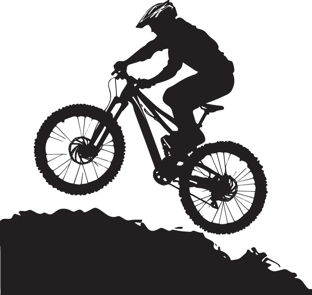 Mountain Biking A person riding a mountain bike over rugged terrain, jumping or navigating obstacles. full length silhouette black illustration vector