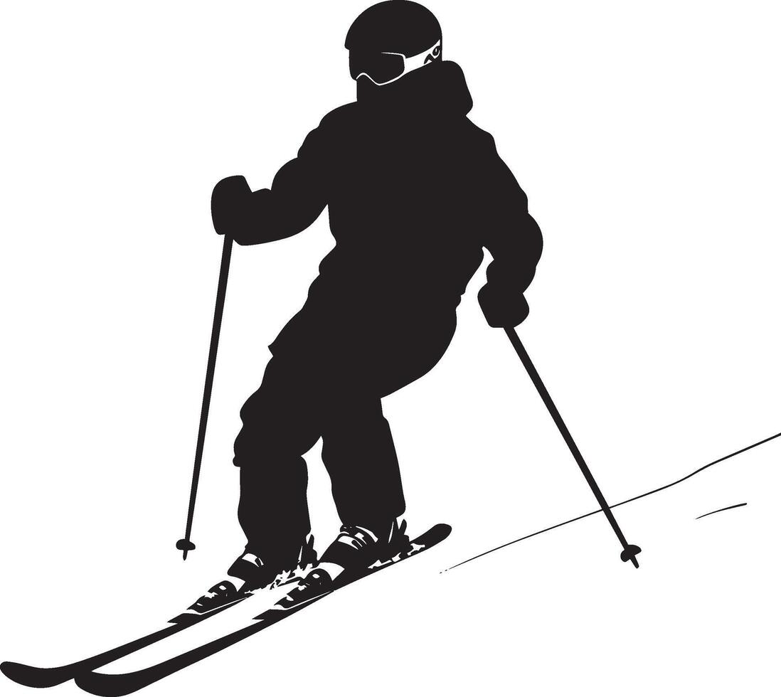 Skiing in Motion A full-length black of a person descending a slope, bent legs and poles in hand. vector