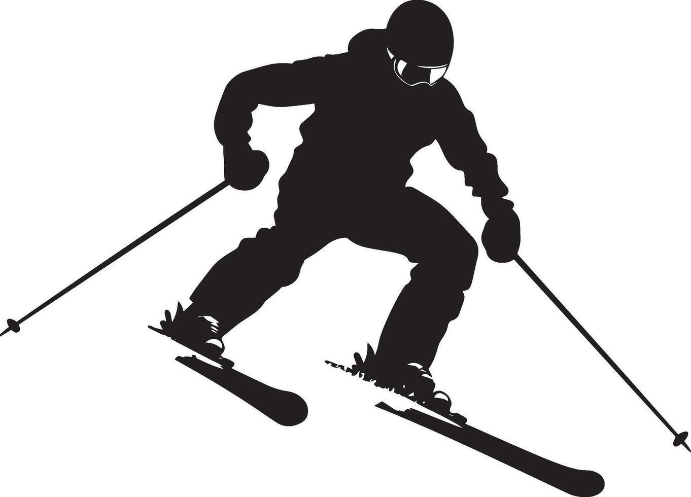Skiing A person skiing downhill, with poles in hand and legs bent in an athletic stance. full length silhouette black illustration vector