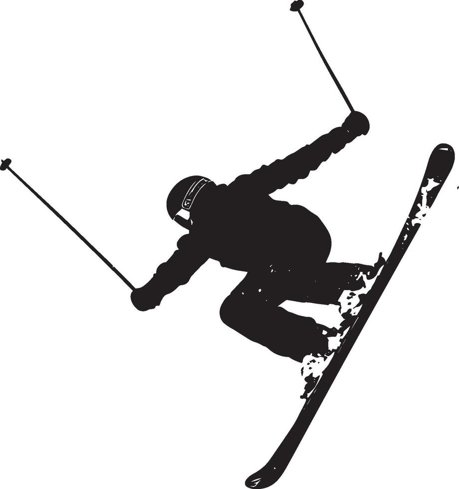 Freestyle Skiing A person performing tricks in the air, such as flips or spins, while skiing. full length silhouette black illustration vector