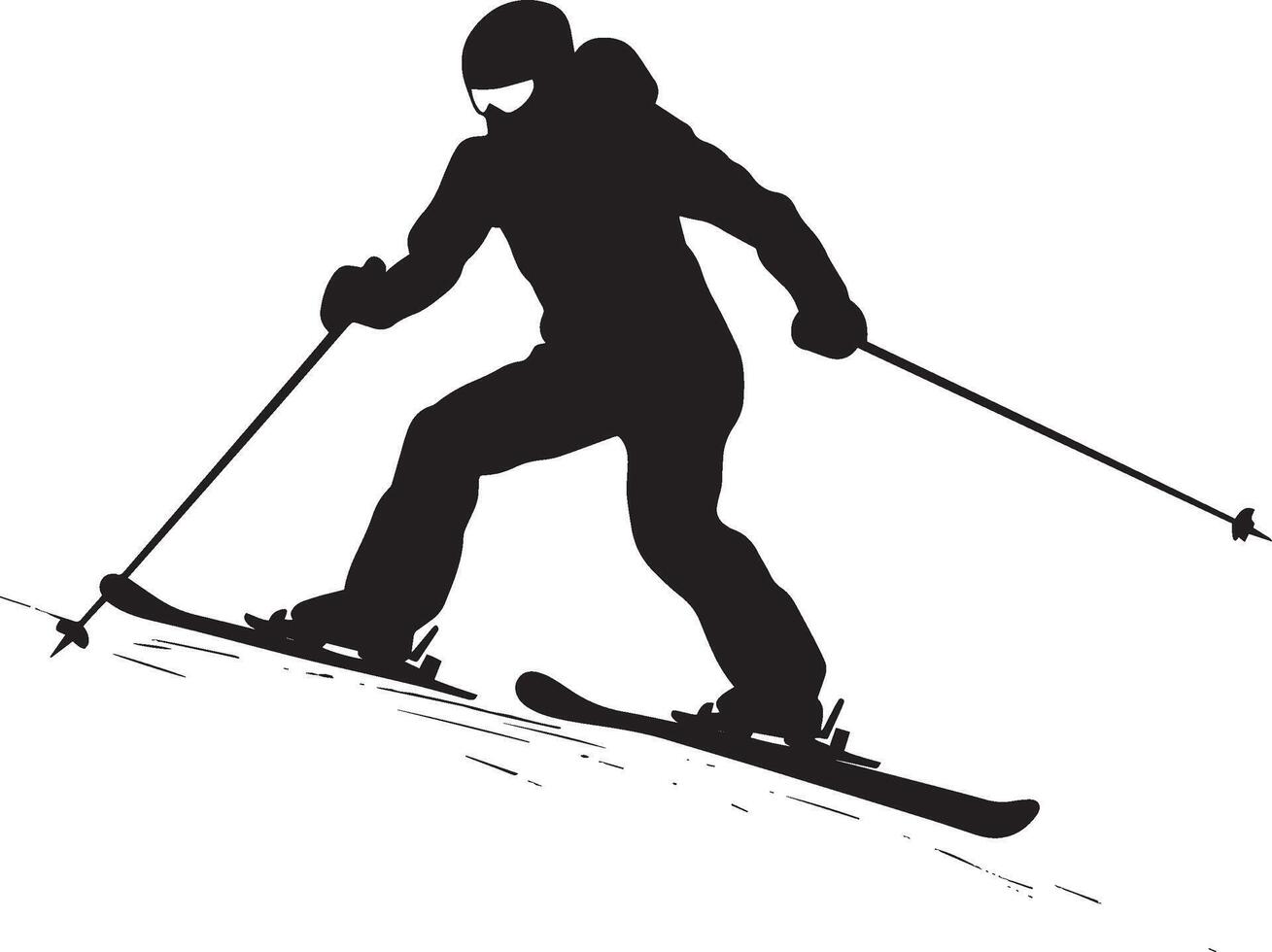 Slope Descent A black illustration of a person skiing with bent knees and poles, racing downhill. vector
