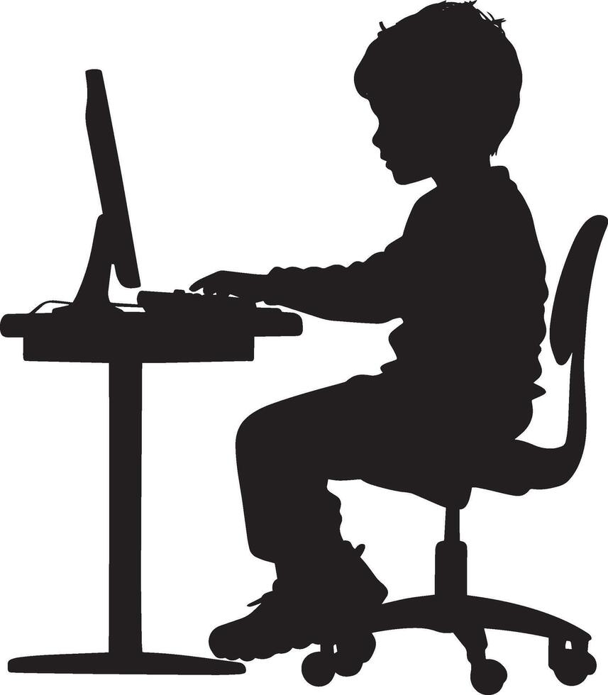 Using a Computer A child sitting at a desk, typing or interacting with a computer, engaged in digital learning. full length silhouette black illustration vector