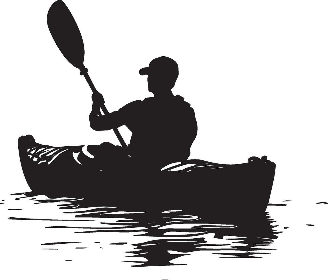 Kayak Maneuvering Individual using a paddle to steer the kayak. Full silhouette in black design. vector