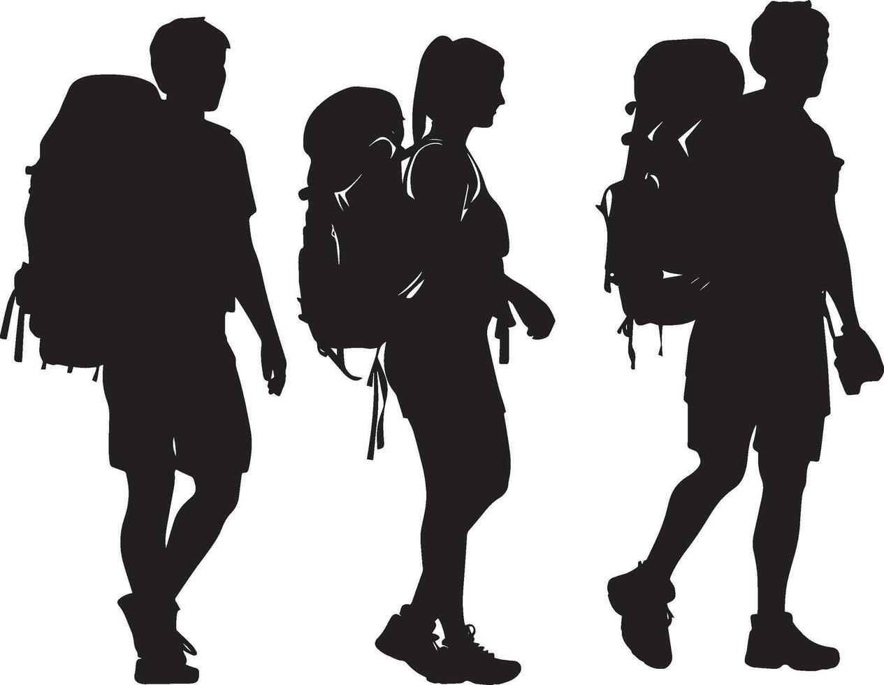 Trail Hikers A black silhouette of a group of people walking together, each carrying a backpack. vector
