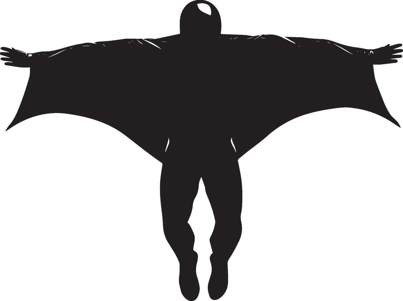 Wingsuit Flight A black silhouette of a person soaring through the air, arms and legs spread wide. vector