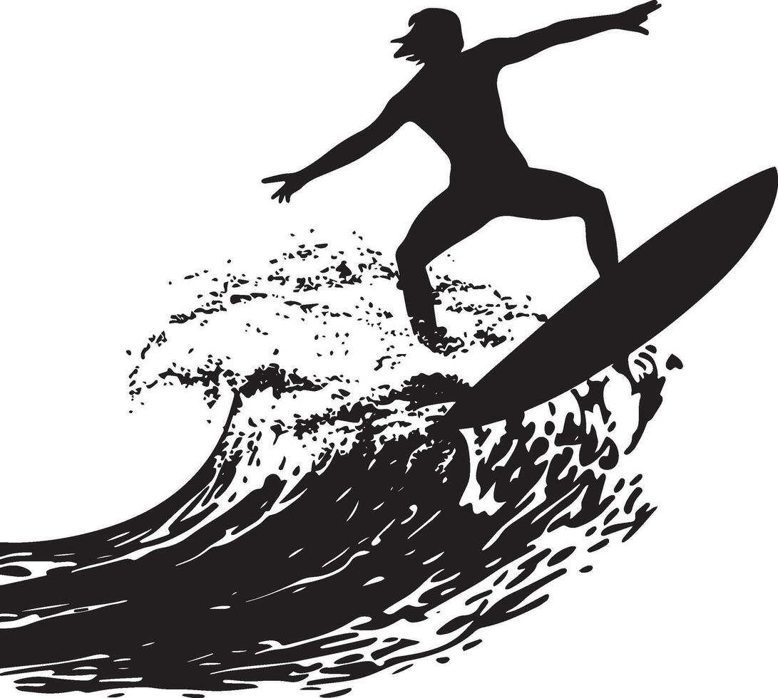 Surfing A person riding a large wave on a surfboard, balancing with arms outstretched. full length silhouette black illustration vector