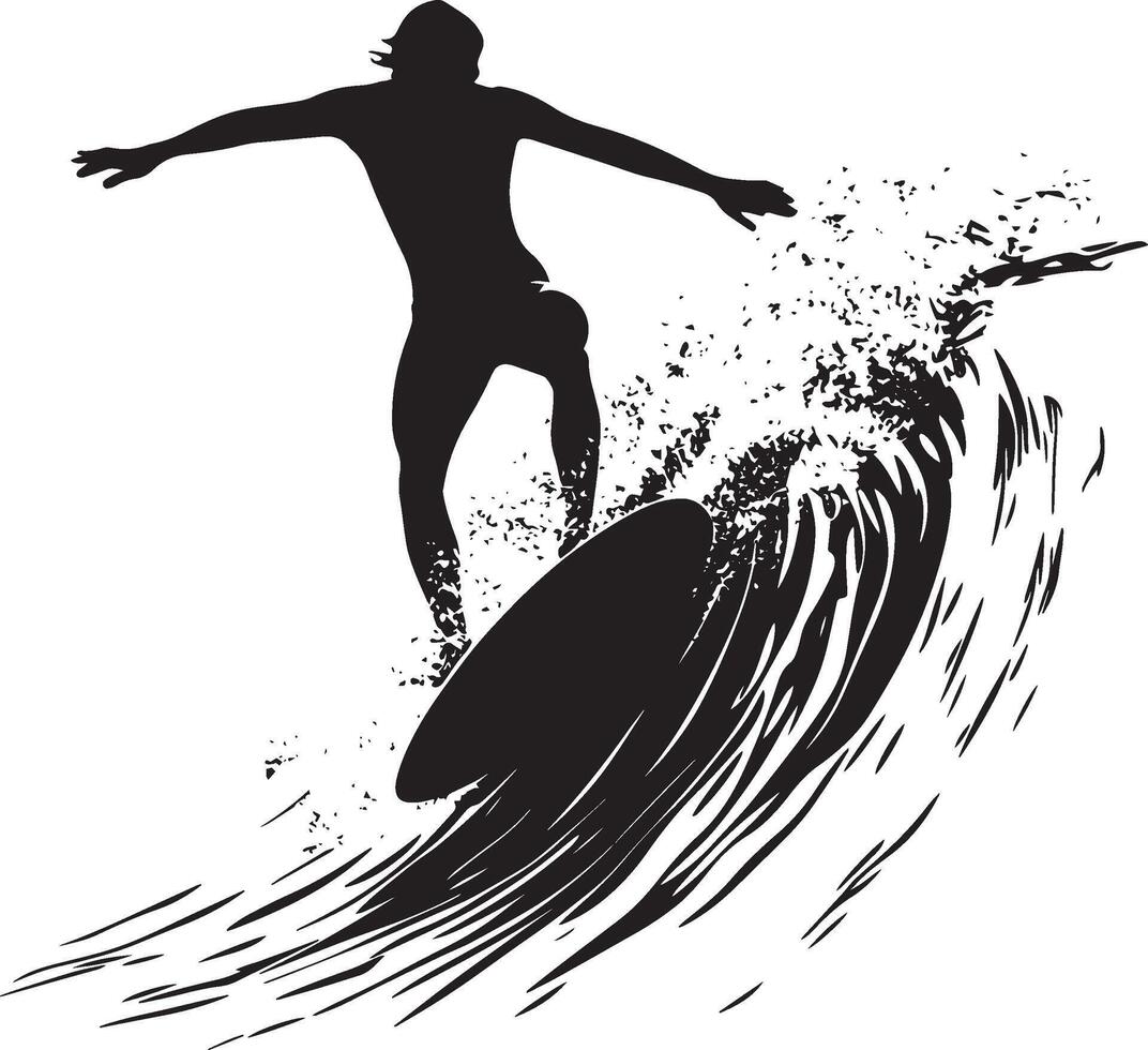 Ocean Surfing A silhouette of a person balancing on a surfboard, riding a big wave. vector