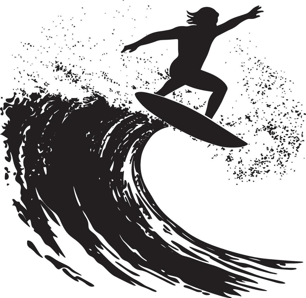 Wave Riding A black silhouette of a person surfing a large wave, arms extended for balance. vector