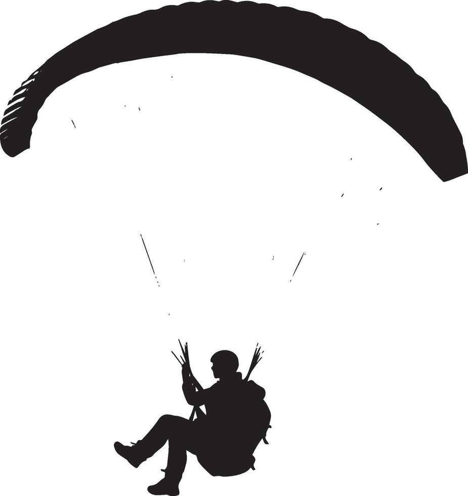 Skyward Soar A black silhouette of a person paragliding, suspended from a parachute-like wing. vector