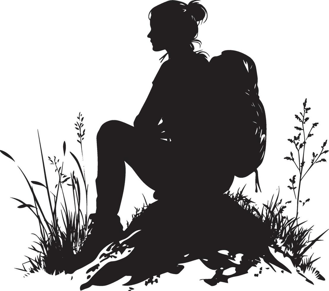 Trail Break A black silhouette of a person sitting on a rock, resting during a hike with their backpack beside them. vector