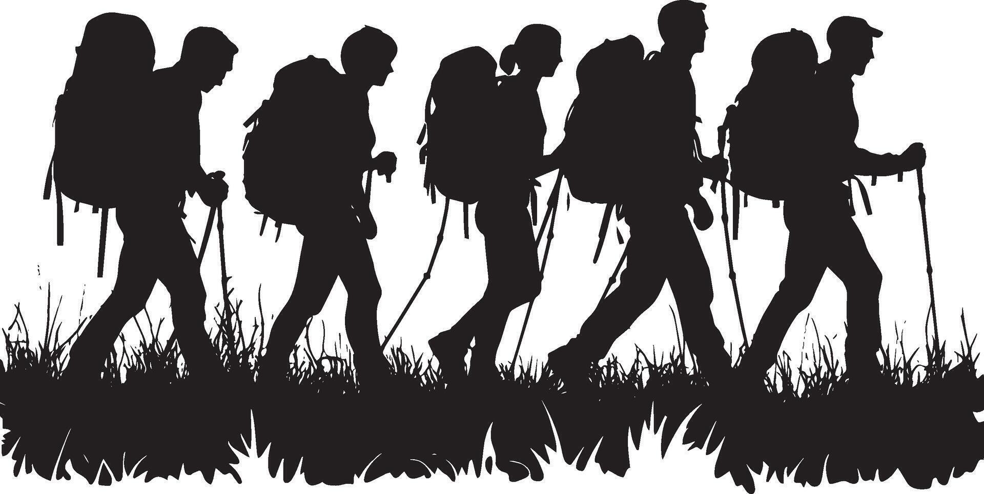 Group Backpacking A group of people walking together on a trail, each with their own backpacks. full length silhouette black illustration vector