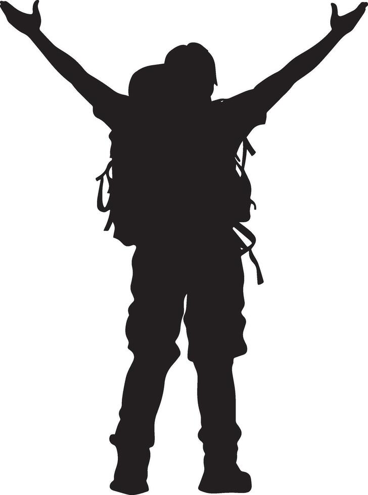 Post-Hike Stretch A black silhouette of a person stretching their arms after a long hike with a backpack. vector