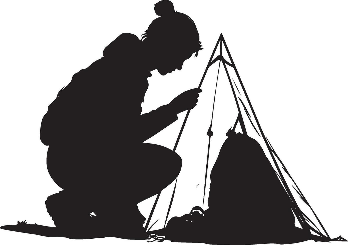 Setting Up Camp A person setting up a tent, placing a sleeping bag or gear inside. full length silhouette black illustration vector