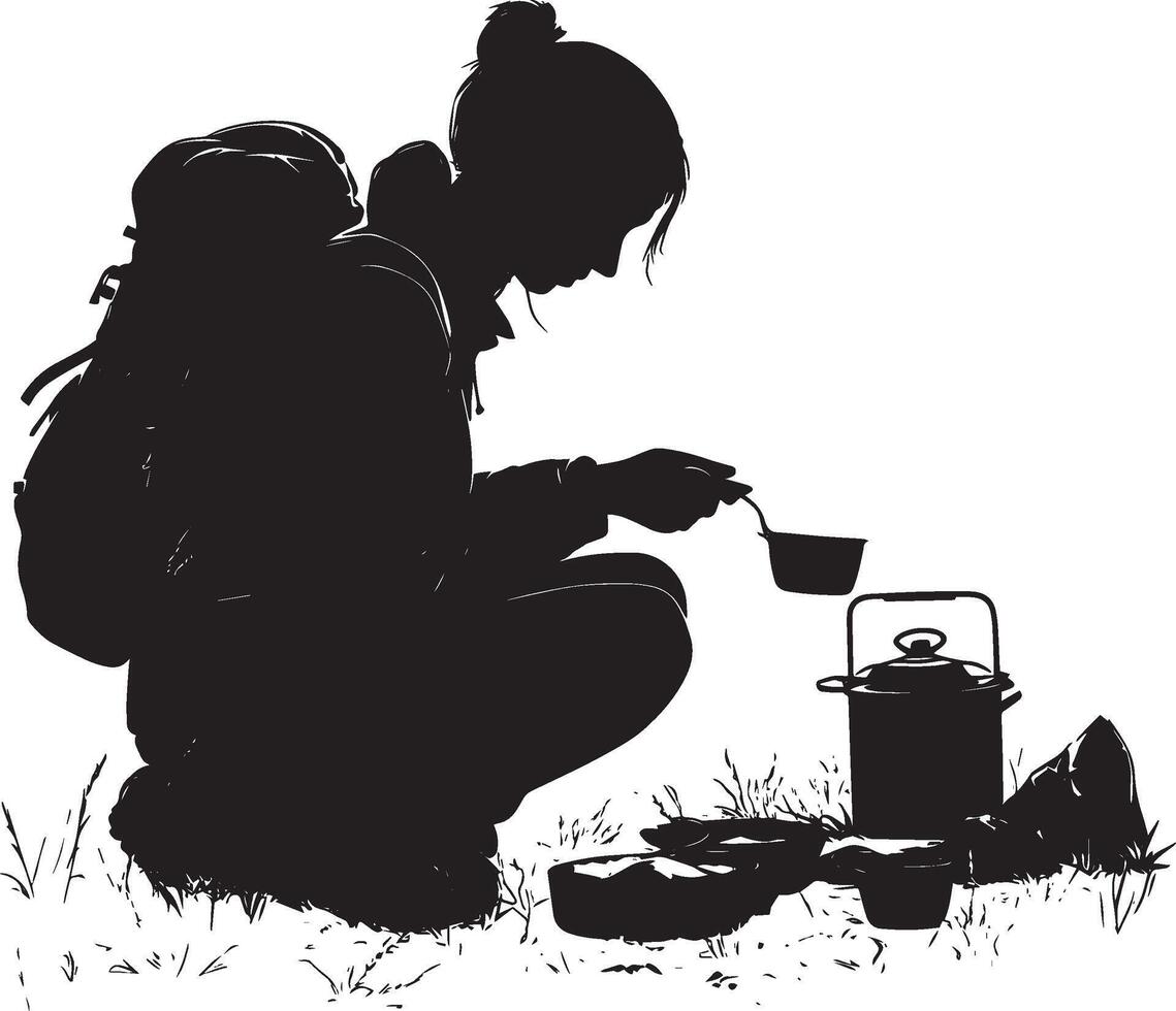 Cooking Outdoors A person using a portable stove or cooking gear, preparing a meal while backpacking. full length silhouette black illustration vector