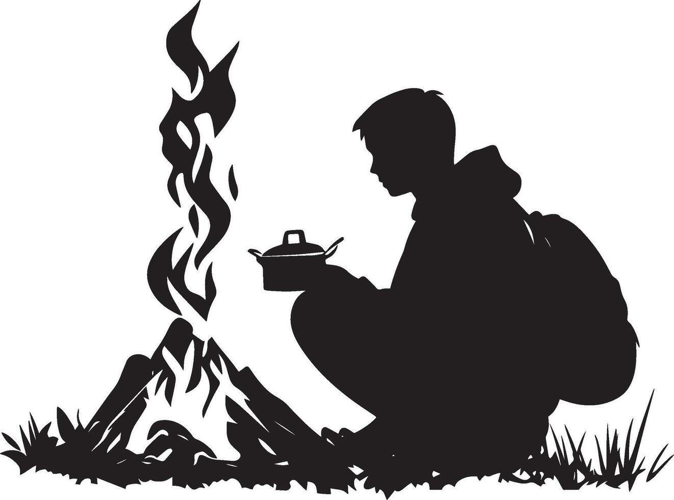 Campfire Gathering A person sitting by a campfire, warming hands or cooking over an open flame with a backpack nearby. full length silhouette black illustration vector