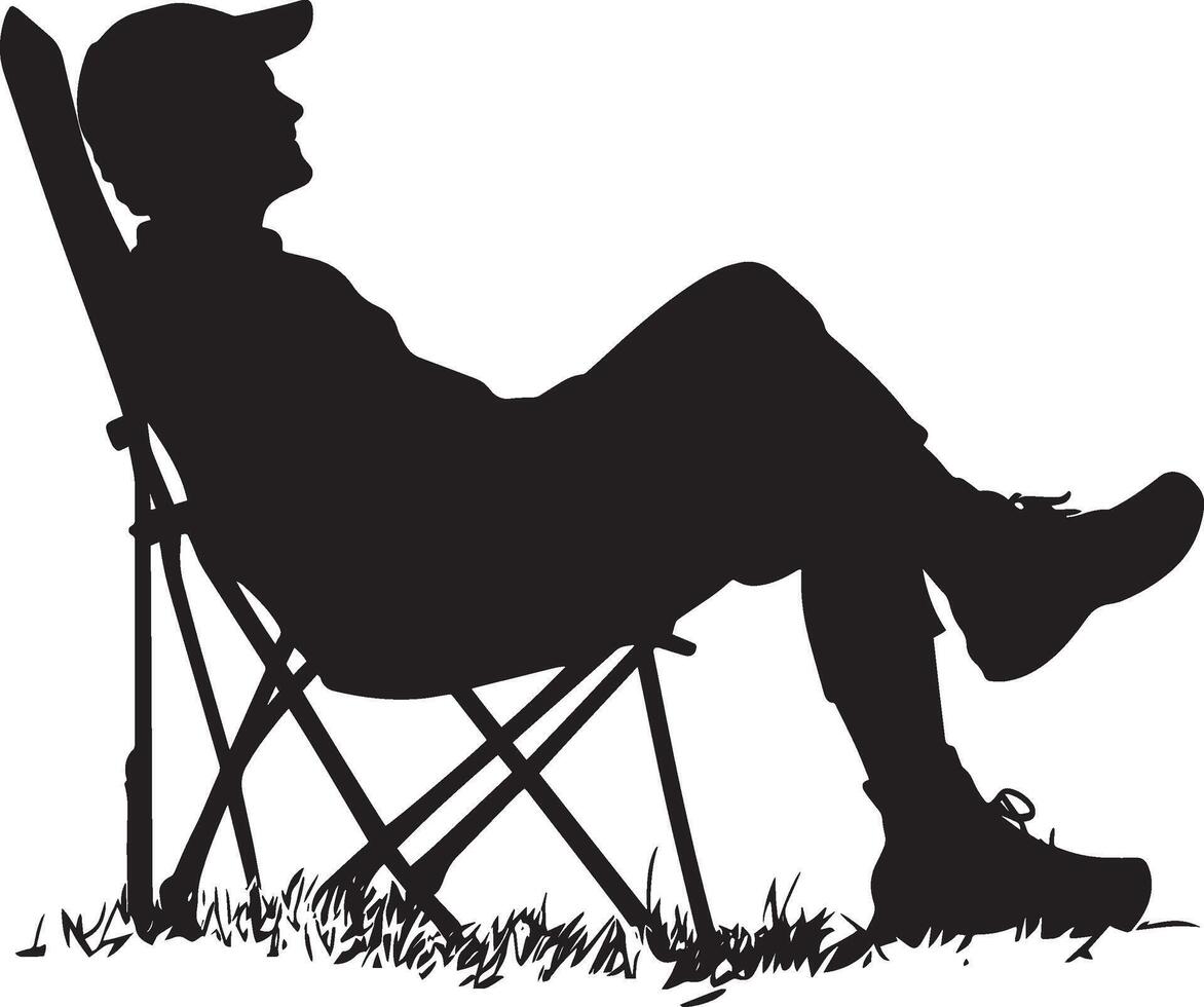 Camping Relaxation A person lounging in a camping chair, taking a rest after a day of backpacking. full length silhouette black illustration vector