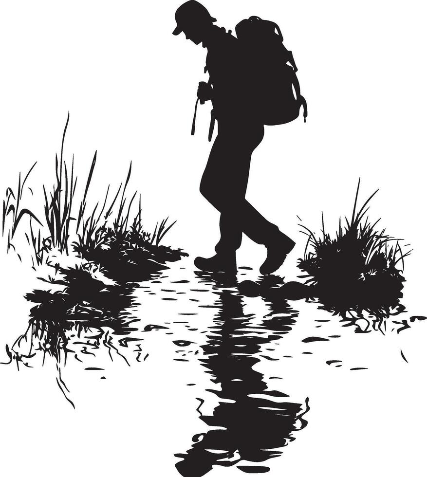 Crossing a Stream A person stepping across a small stream, balancing with a backpack securely on their back. full length silhouette black illustration vector