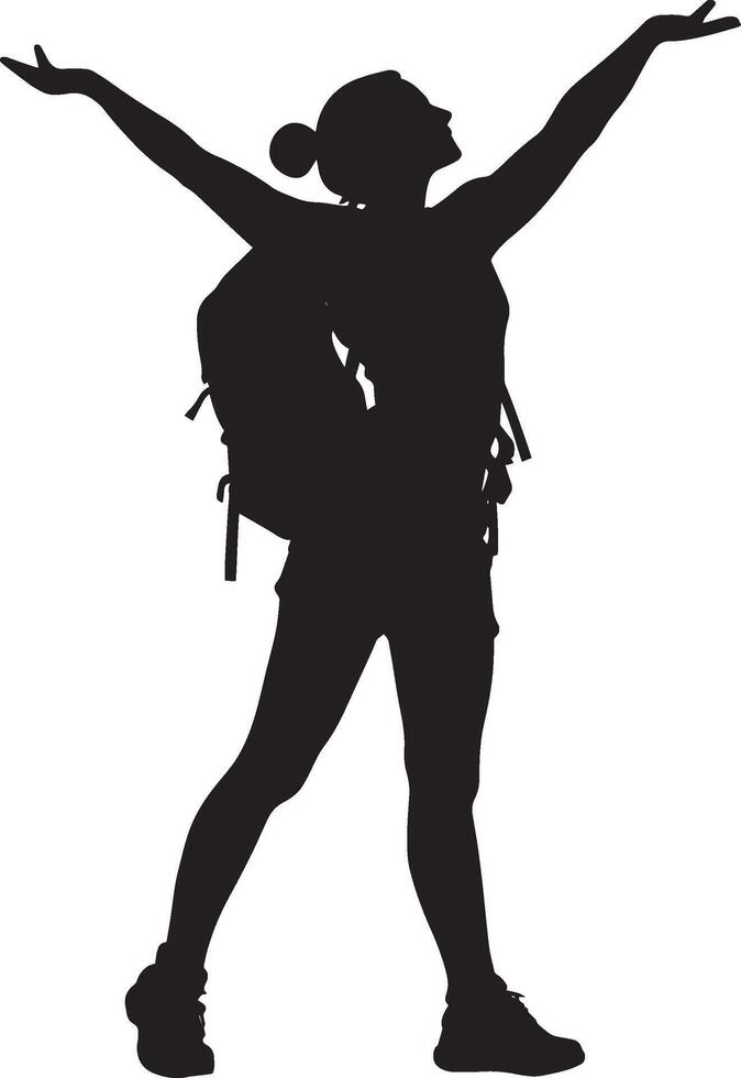 Stretching After Hiking A person stretching their arms or legs, recovering from a long hike with a backpack. full length silhouette black illustration vector