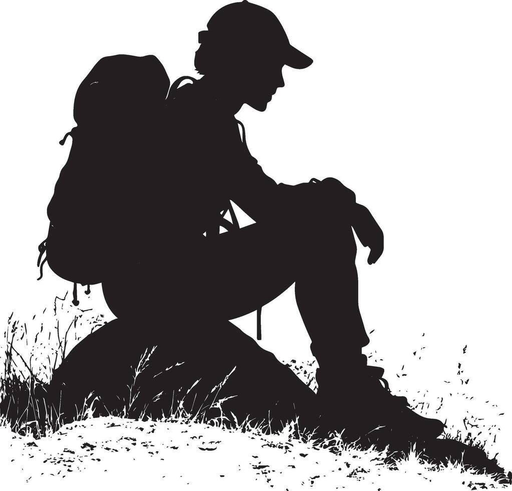 Resting on a Trail A person sitting on a rock or log, taking a break from hiking with their backpack resting beside them. full length silhouette black illustration vector