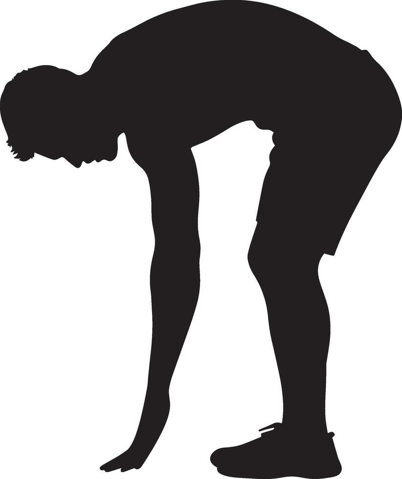 Lifter bent forward with hands on their knees, recovering after an intense set. Full silhouette in black design. vector