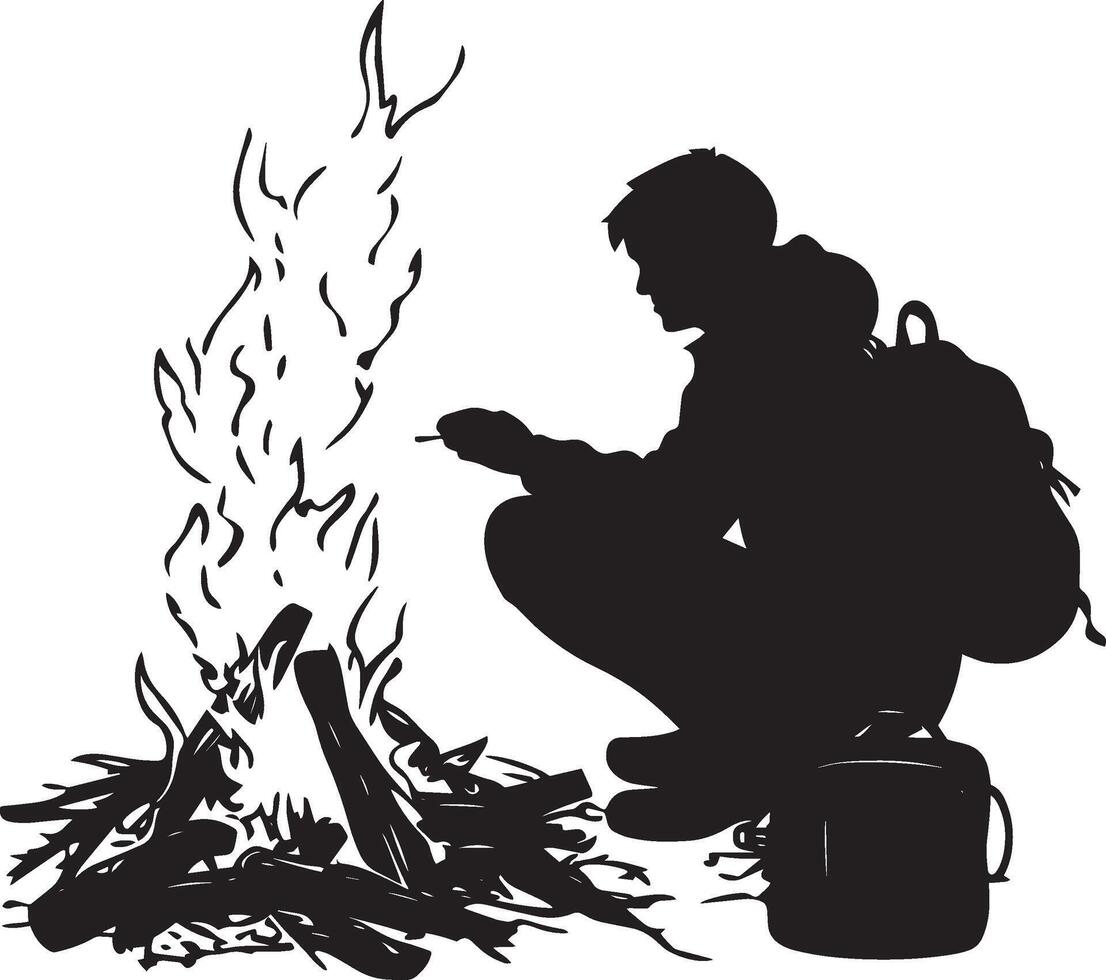 Campfire Relaxation A black silhouette of a person sitting by a fire, warming hands or cooking, with a backpack nearby. vector