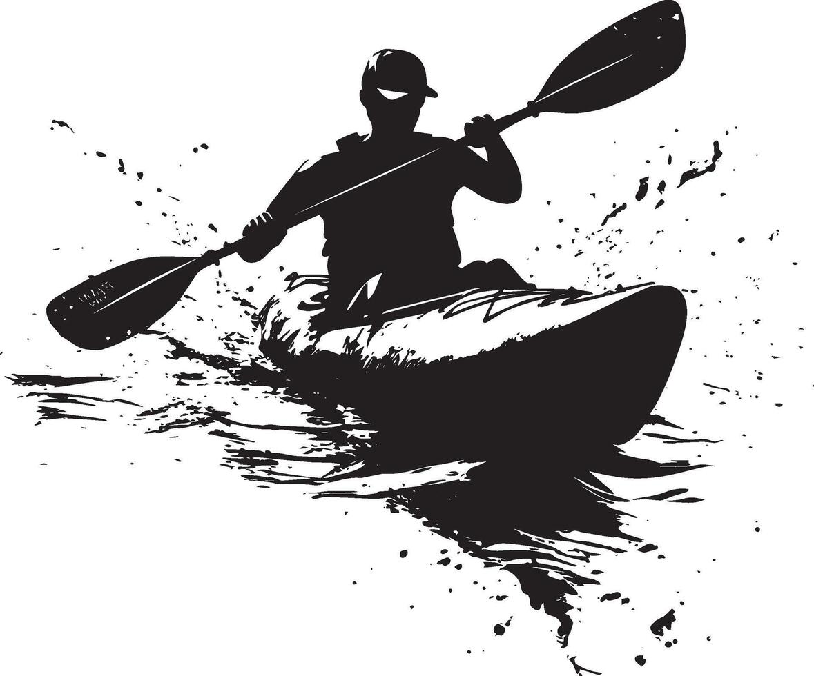 Stroke Paddling Individual employing deep strokes to drive the kayak forward. Full silhouette in black design. vector