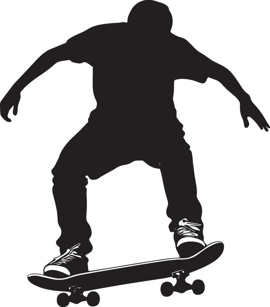 Individual adopting a riding posture, using one foot to propel the skateboard ahead. Complete silhouette in black illustration. vector