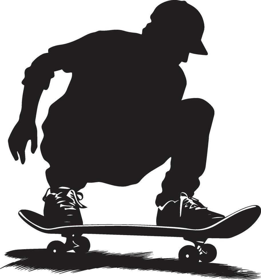 Sliding Skater in a crouched position, gliding the board sideways on the pavement for style and control. Full silhouette in black design. vector