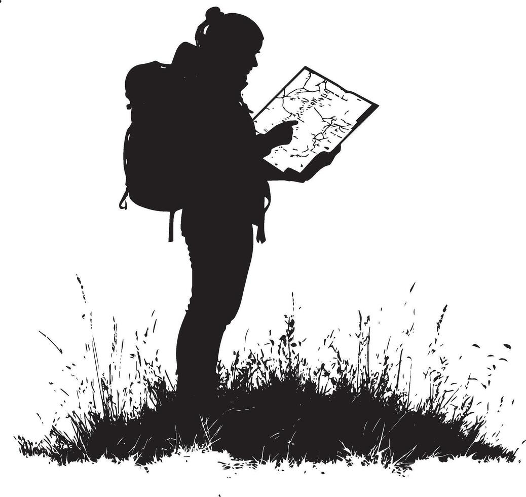 Navigating with Map A person holding a map or compass, stopping to navigate their route on a trail. full length silhouette black illustration vector