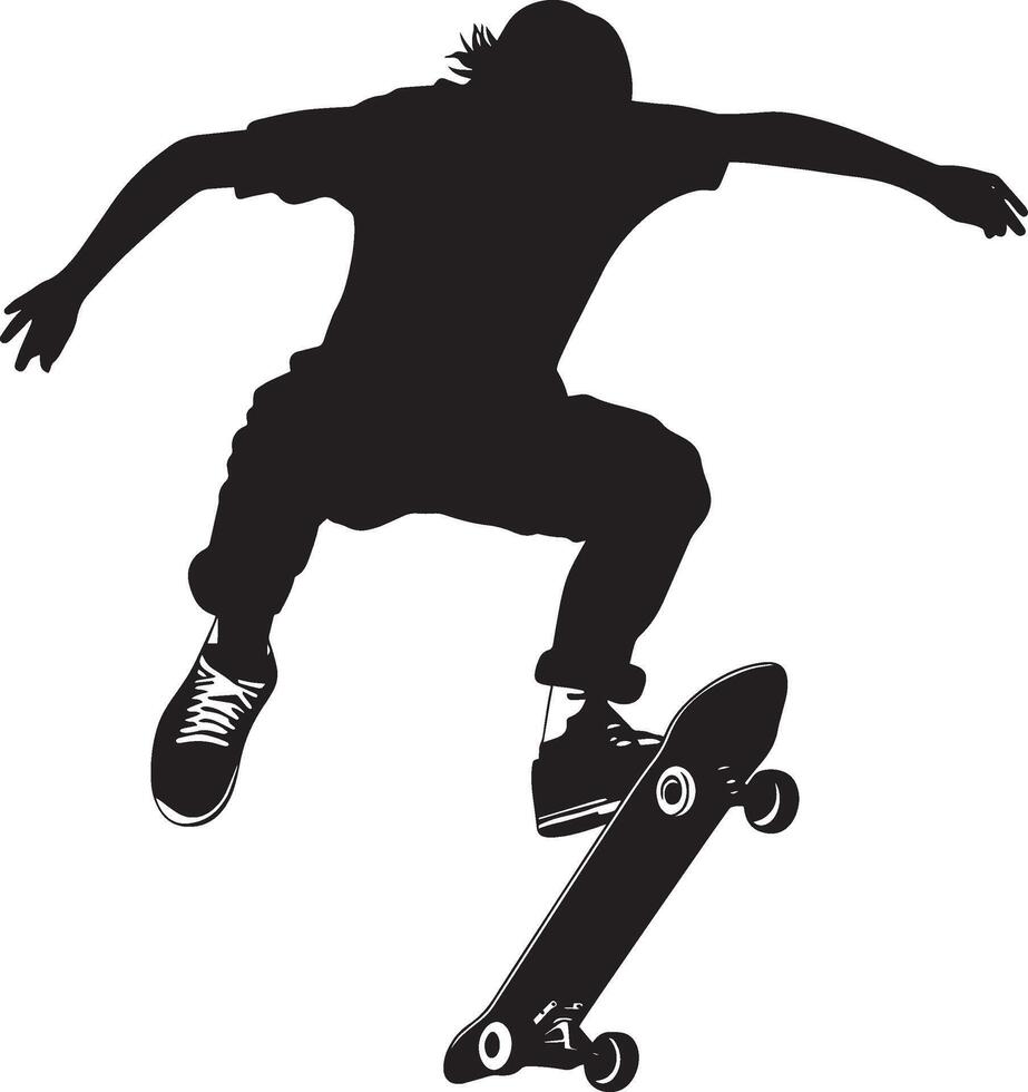 Individual performing a manual by lifting the front wheels of the skateboard while balancing on the back. Complete silhouette in black illustration. vector