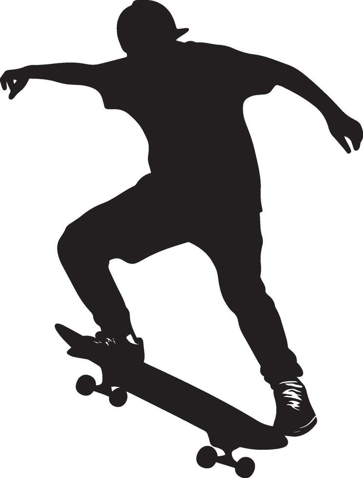 Post-Trick Pose Skater displaying a proud stance after successfully landing a trick, standing tall on the board. Full silhouette in black design. vector