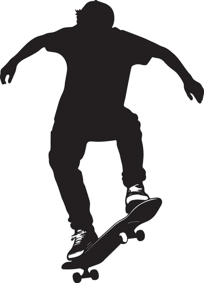 Post-Trick Pose Skater standing upright on the board, showcasing confidence after landing a trick. Full-length black silhouette. vector