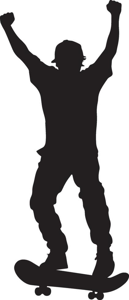 Victory Fist Pump A skater raising a fist in celebration after landing a trick successfully. full length silhouette black illustration vector