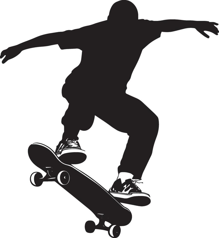 Skater balancing on the rear wheels of the skateboard, with the front wheels elevated off the ground. Full silhouette in black design. vector