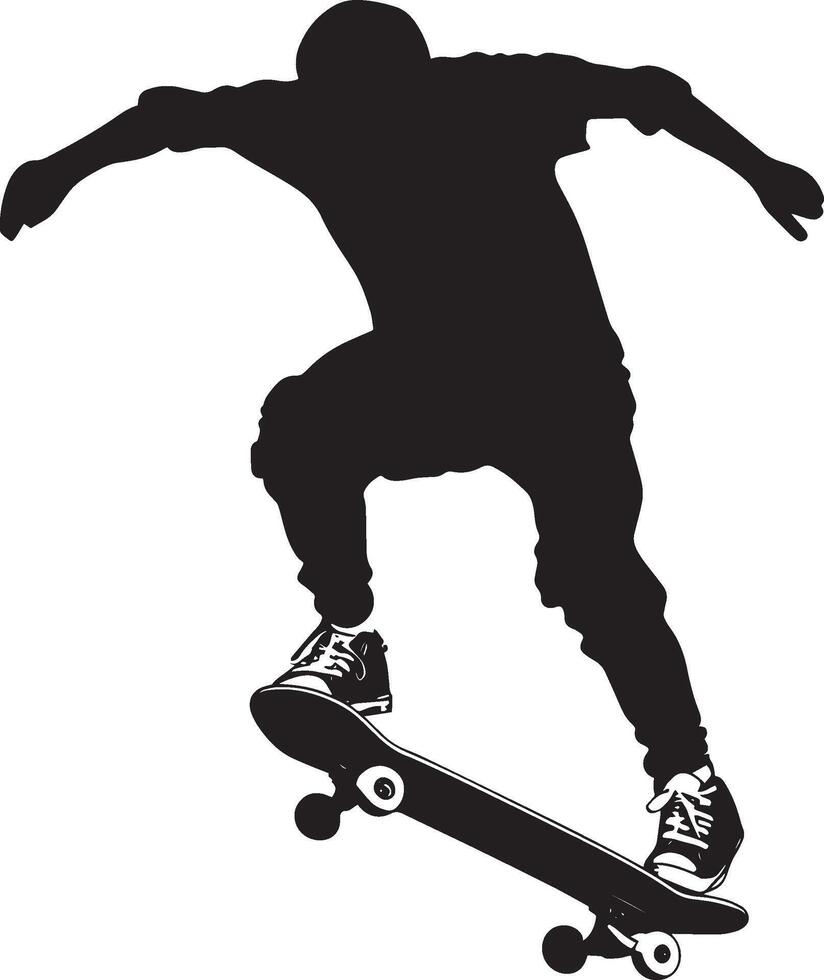 A skater balancing on the back wheels of the skateboard, lifting the front wheels off the ground. full length silhouette black illustration vector