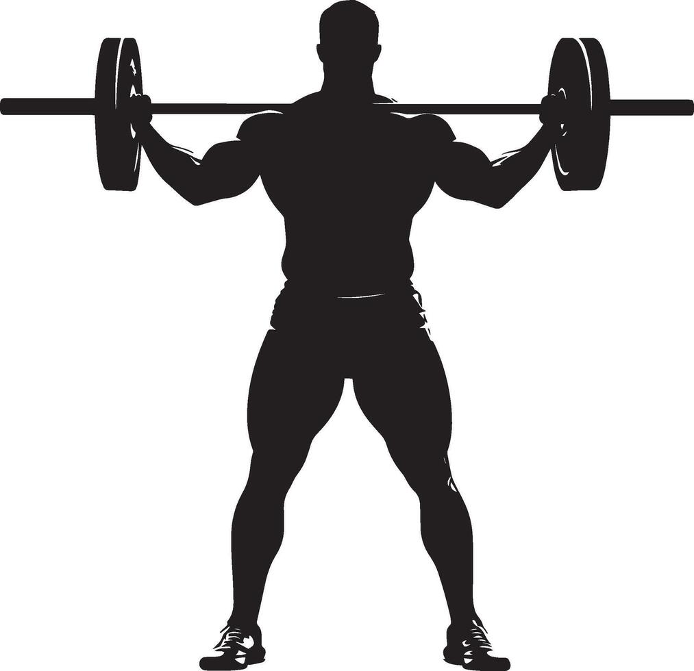 Lifter standing proudly with a barbell resting on their shoulders, exuding satisfaction after a successful lift. Full silhouette in black design. vector