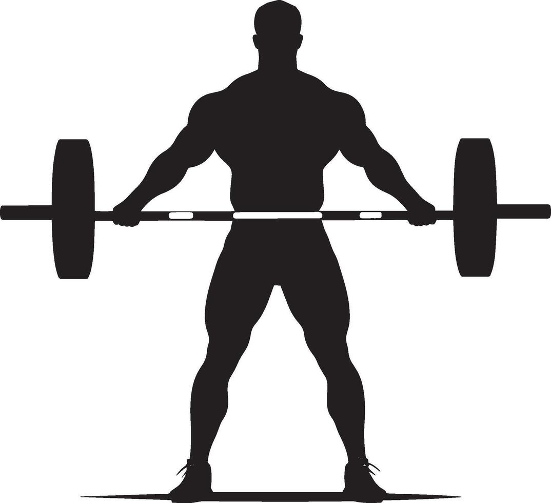 Individual upright with a barbell in their hands, looking pleased following a successful weightlifting attempt. Complete silhouette in black illustration. vector
