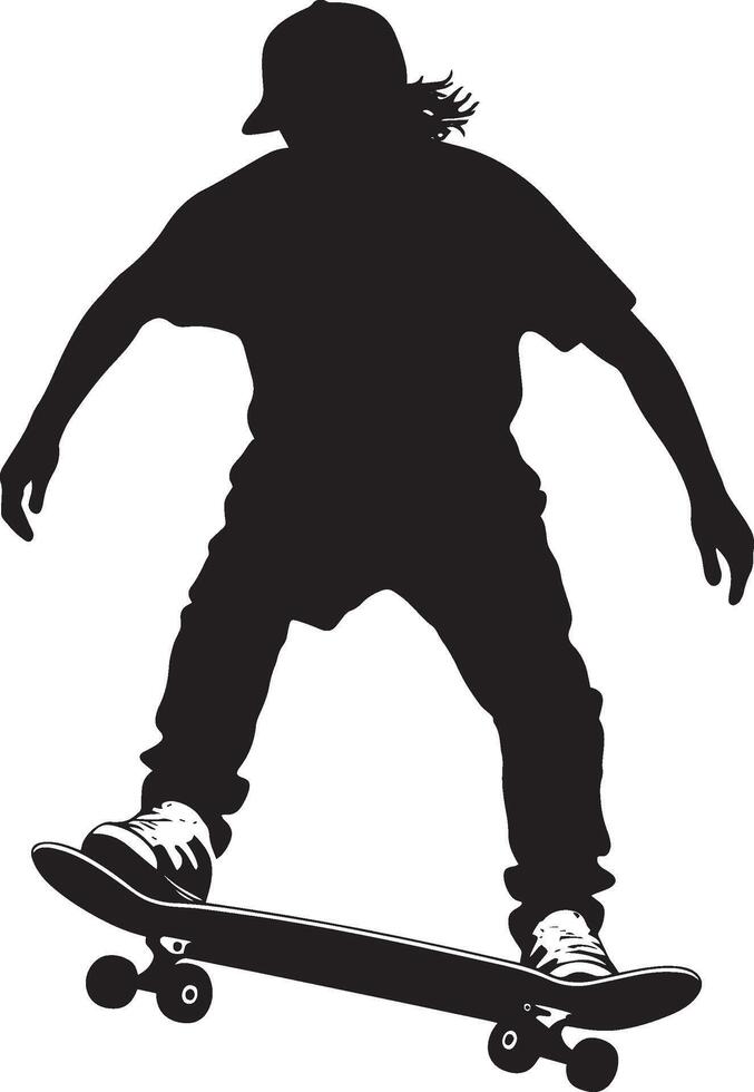 A skater riding with their right foot in front, standing comfortably on the board. full length silhouette black illustration vector