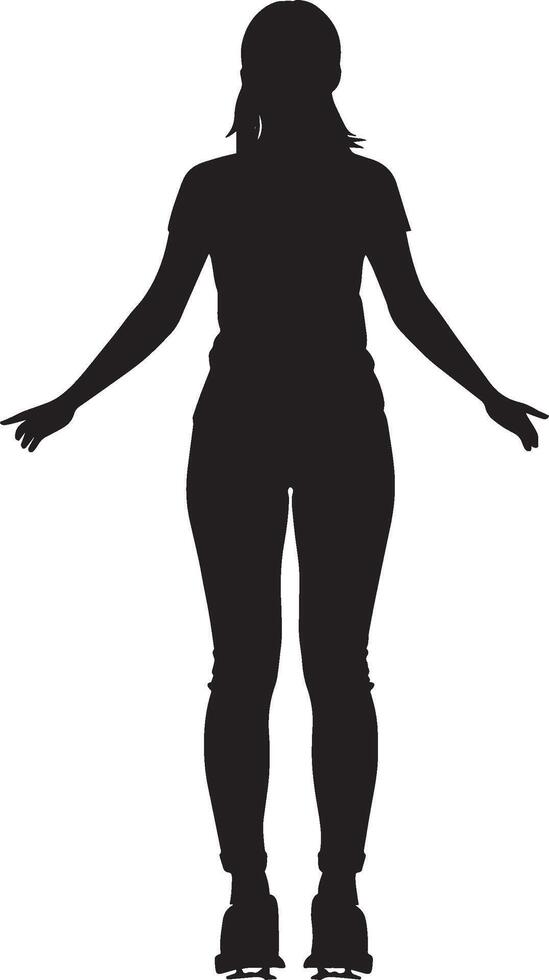 Individual positioned with a shoulder-width stance, knees relaxed, and arms out for stability on the skateboard. Complete silhouette in black illustration. vector