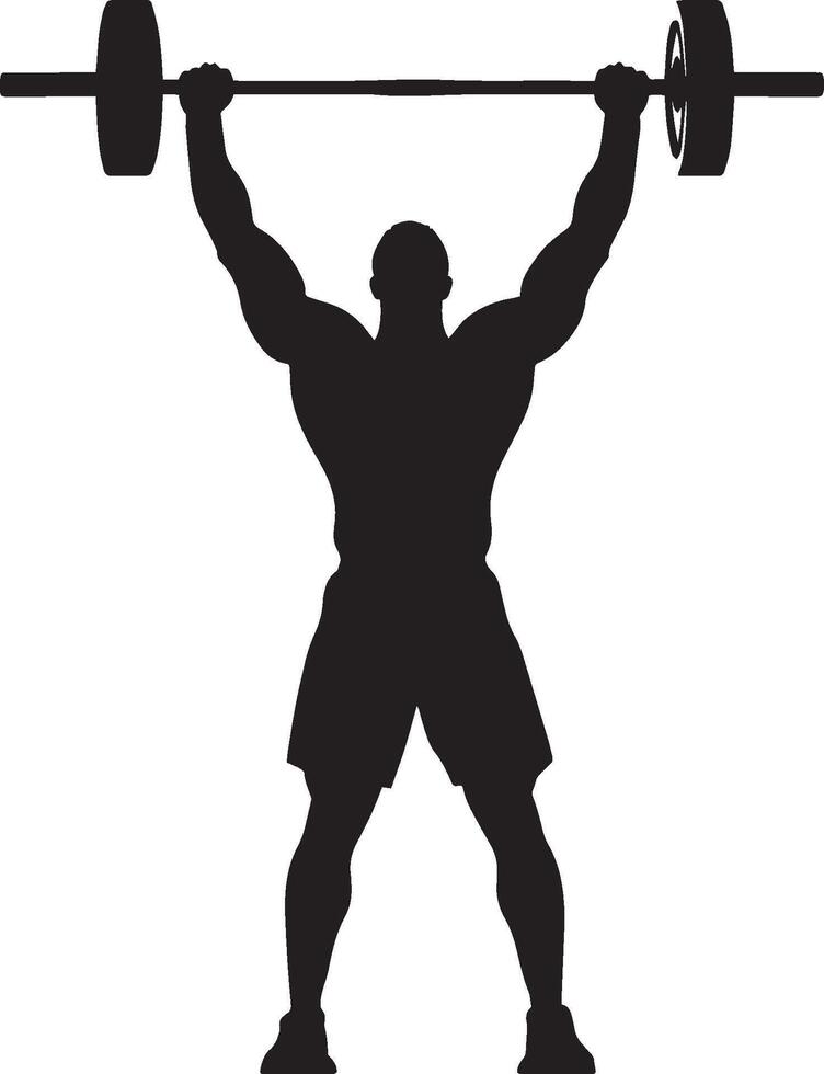 Lifter triumphantly raising their arms, holding a barbell overhead after a successful lift. Full silhouette in black design. vector