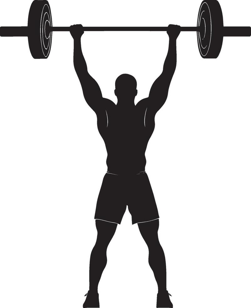 Individual standing tall with arms lifted in victory, barbell held high following a successful weightlifting achievement. Complete silhouette in black illustration. vector